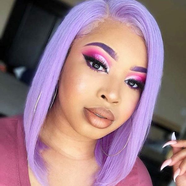 

aimeya lavender purple short bob lace front wigs for women side part natural straight heat resistant synthetic lace wig, Black