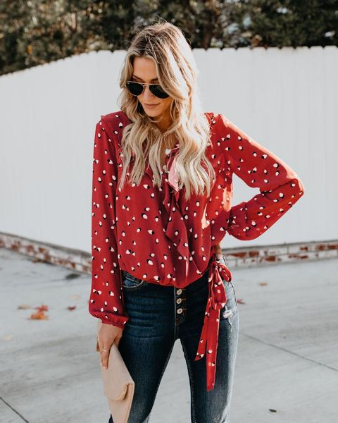 

women blouses spring loose shirt polka dot v-neck chiffon ruffles high street ladies plus size womens streetwear, White