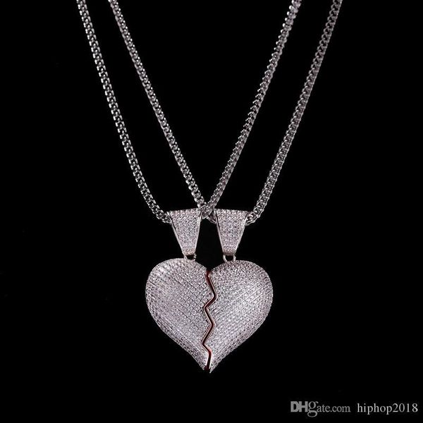 

iced out broken heart pendant necklace for mens womens fashion hip hop necklace jewelry lover necklace 1 pair, Silver