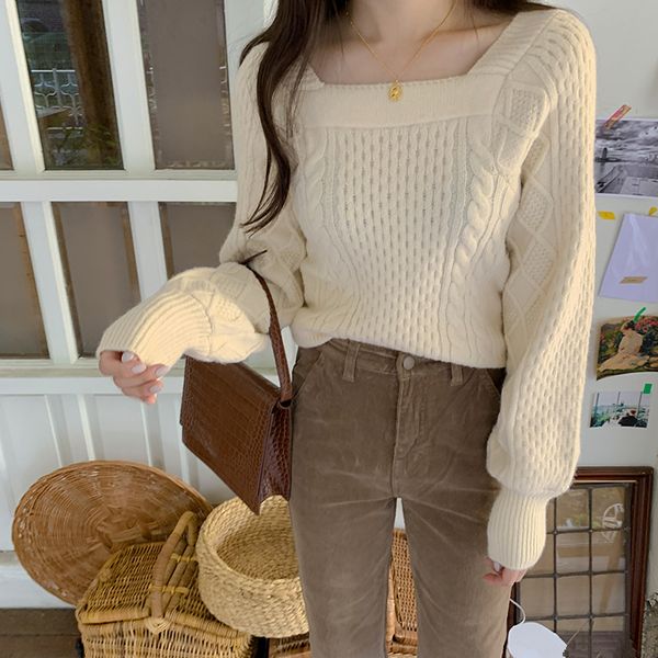 

women autumn winter square collar twist long sleeve sweater knitted pullovers beige thick slim jumper outwear, White;black