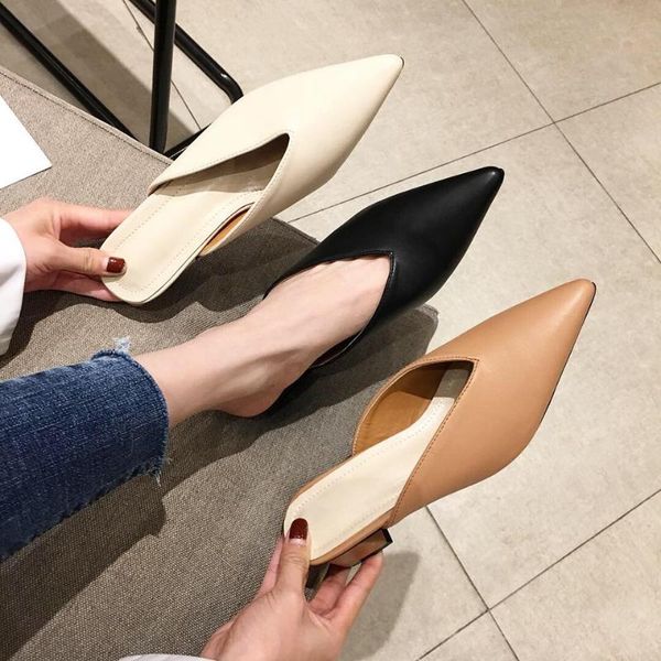 

new arrivals women slippers retro style pu leather mules shoes mid block heels pointed toe slides mules single casual slippers, Black