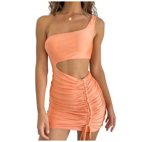 

one shoulder summer bodycon dress women hollow out ruched backless bandage mini club party dress orange white, Black;gray