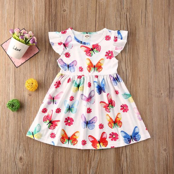 

girl colorful flying sleeve dress fashion fresh butterfly printed sundress children korean style princess dresses, Red;yellow