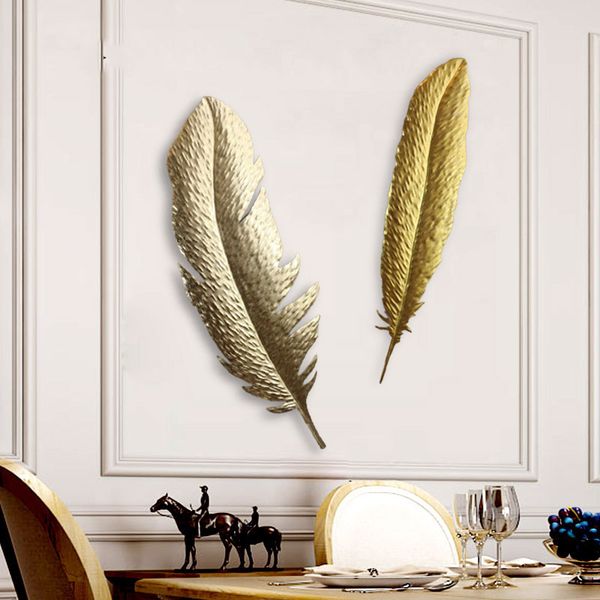 

creative wrought iron wall hanging gold feather wall decoration gold foil craft home livingroom 3d sticker mural ornaments