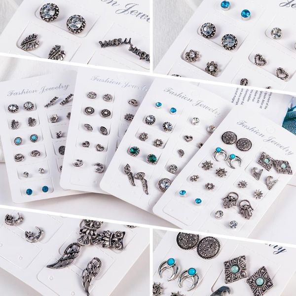 

10 pairs/set crystal moon star wing owl wave heart eye hand crown earrings set women jewelry accessories stud earring kit, Golden;silver