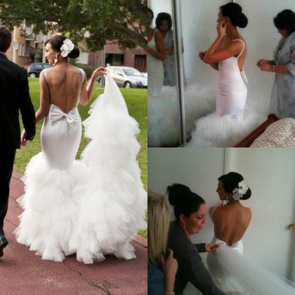 

vintage backless mermaid wedding dresses with bow spaghetti straps court train country beach wedding dress plus size robes de mariée bohème, White