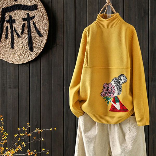 

sweet embroidery flower girls pattern jumper sweater women semi high collar autumn winter pullovers long sleeve knitwear coats, White;black