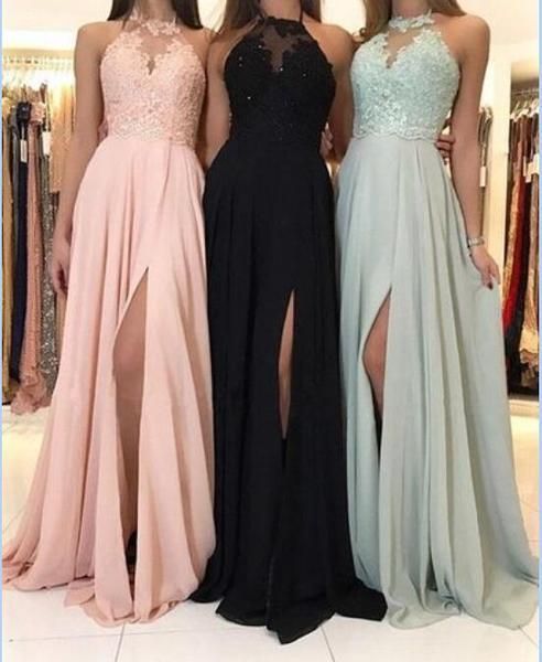 

elegant girls a-line long halter lace evening dresses robe de soiree chiffon pink party gowns custom made, Black;red