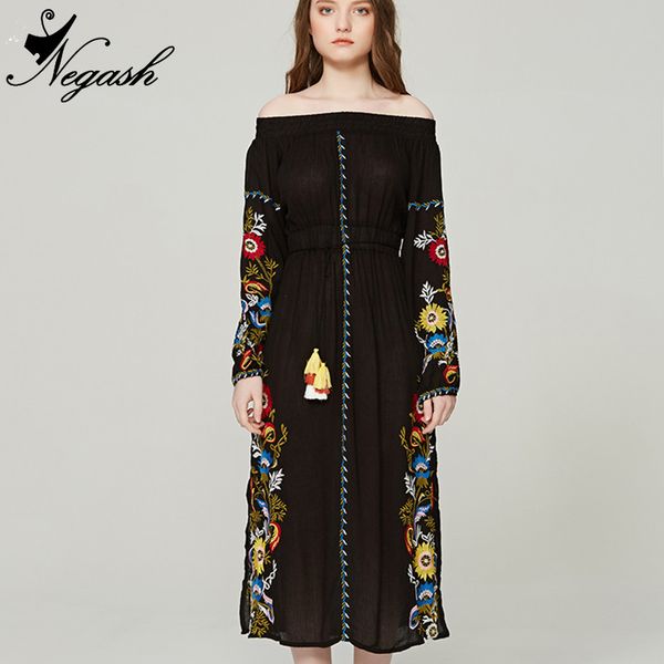 

high-quality real europe spring summer 2018 bohemia flower embroidery tassel decoration retro styled split ends dresses vestidos, Black;gray