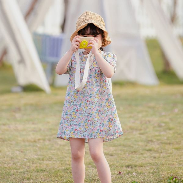 

new summer baby girls summer wild floral puff sleeve dress princess dress flower printed for kids girls casual dresses, Red;yellow