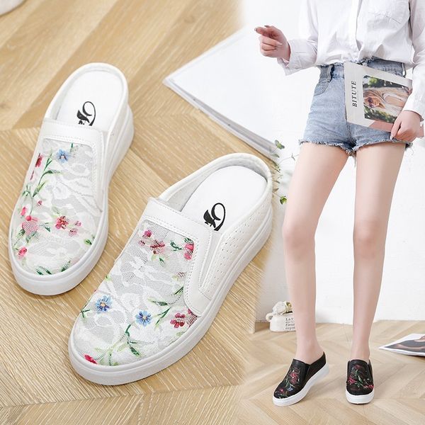 

new 2019 summer woman casual shoes women mesh slip-on casual flat sneakers lazy breathable wild low half slippers c1-61, Black
