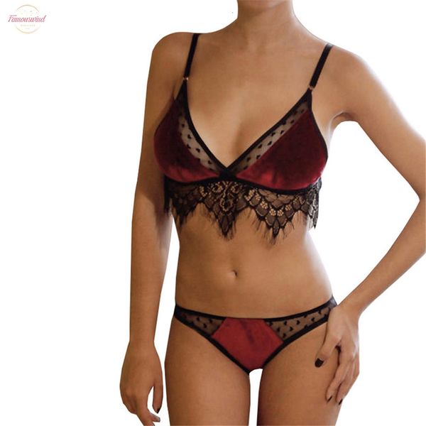 

women brief deep-v bra sleepwear set velvet lace solid lingerie dressing plus size underwear set, Red;black