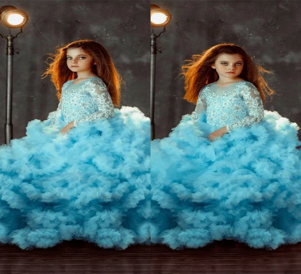 

light blue flower girls dresses lace appliques sequin jewel long sleeve tiered tulle first communion dress sweep train pageant gown, White;blue