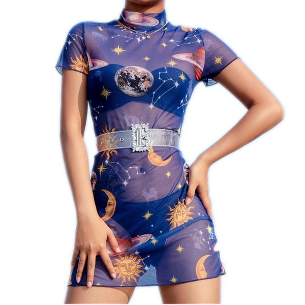 

Sexy Women Sheer Mesh See Through Short Sleeve Bodycon Partyt Mini Dress Casual Dresses Size S-L