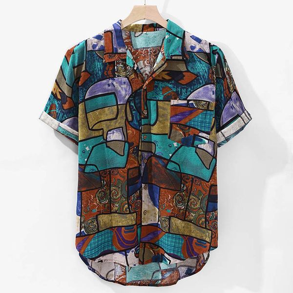 

new 2019 summer men's fashion brand pattern leisure linen big yards short sleeve shirts / male national wind casual print shirts, White;black