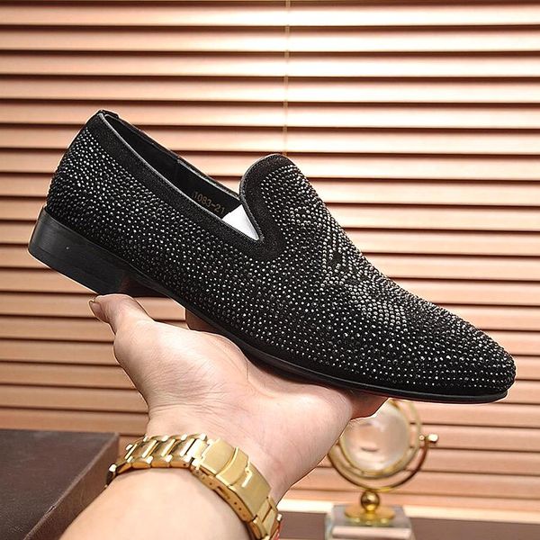 

new menswear designer loafers flat leather shoes rhinestones fashion mens loafers dress shoes slippery casual shoe qw, Black
