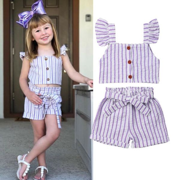 

2019 summer toddler kids baby girl clothes vest t-shirt short pants 2pcs outfit striped sets, White