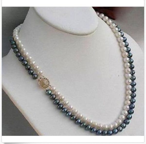 

double strands 8-9mm natural south sea black white pearl necklace 18" 14k gold, Silver