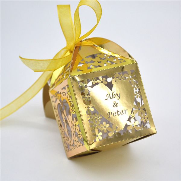 

kiss heart laser cut custom wedding favor boxes with organza ribbon