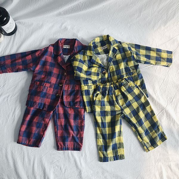 

japanese style autumn plaid suit clothes sets for boys girls pure cotton casual suit coat+ninth pants 2pcs suits t200414, White