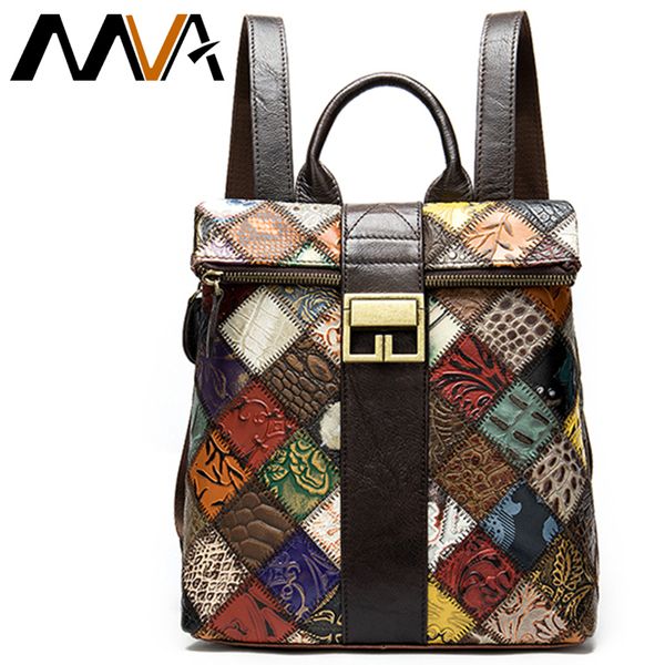 

mva genuine leather backpack women's leather backpack vintage schoolbags for girl floral women daypack travel female sac a dos