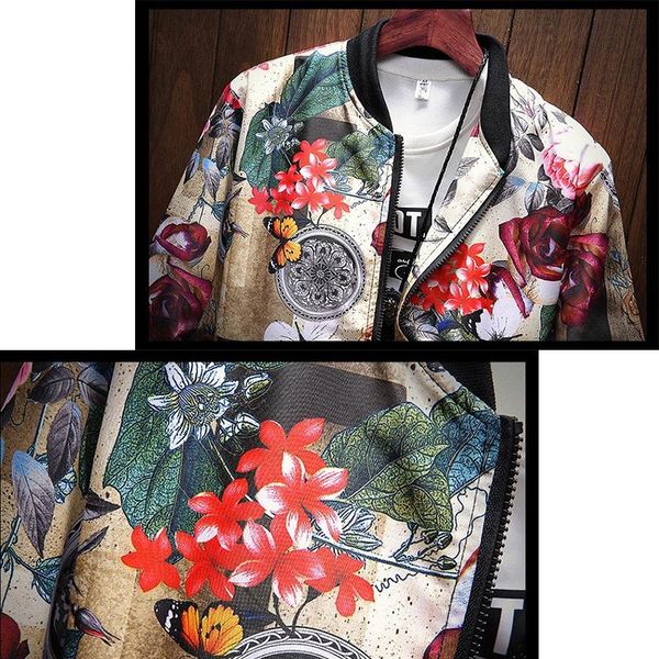 Мужчины Цветы fashion-Print Casual куртка Нового стенда воротник Цветочного Бомбардировщик куртка бейсбол куртка Hip Hop Streetwear Размер M-5XL