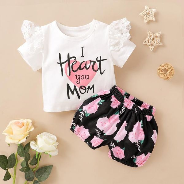 

infant baby girls short sleeve letter print +floral shorts outfits set, White