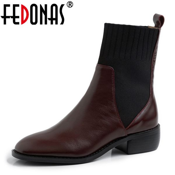 

fedonas warm autumn winter new arrival socks boots genuine leather women ankle boots fashion slip-on mixed colors, Black