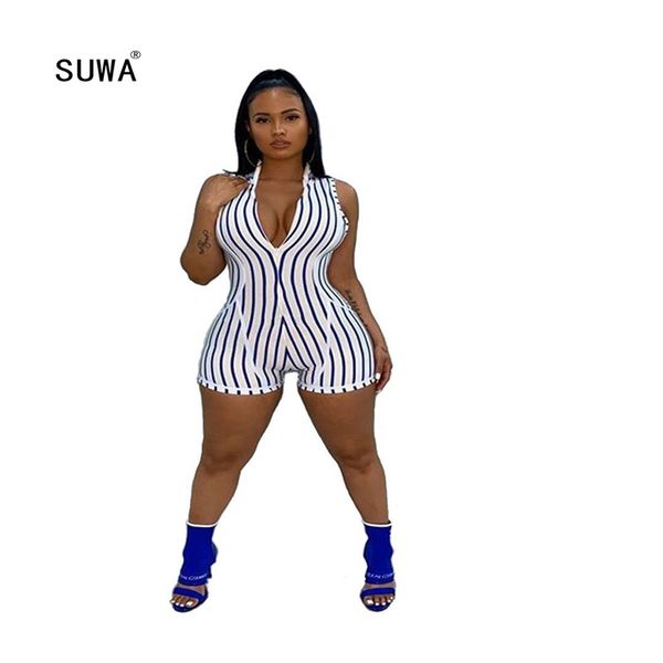 

women's jumpsuits & rompers suwa 2021 recommend style casual vertical striped sleeveless v neck skinng femme short jumpsuit streetwear, Black;white