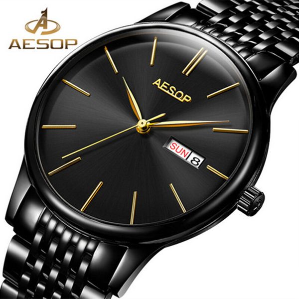 

aesop men's mechanical watch luxury watch fashion casual stainless steel strap automatic watches reloj calendar, Slivery;brown