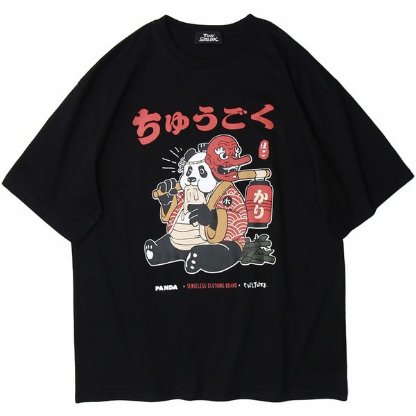 

januarysnow japanese streetwear t shirt men hip hop funny fat panda samurai t-shirt summer short sleeve tshirt harajuku cotton tees new, White;black