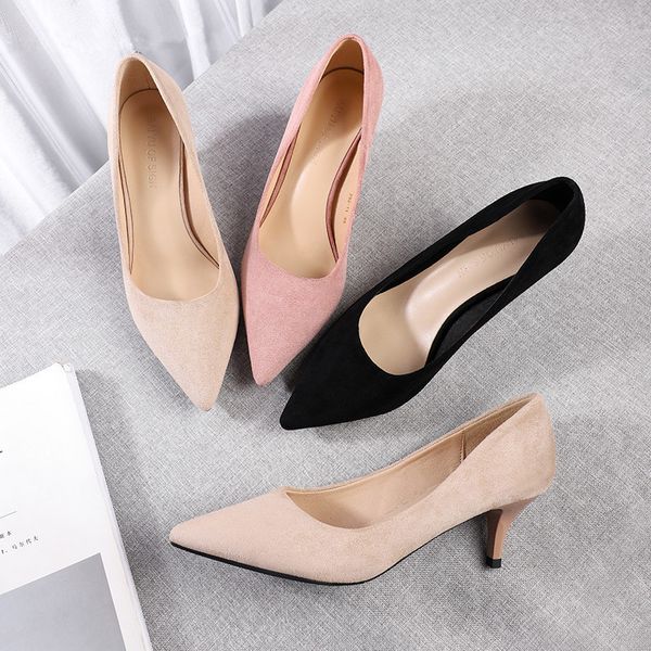 

women 5cm thin high heels shoes woman 2020 flock pointed toe heels female office lady elegant sandals wedding pumps plus size 40, Black