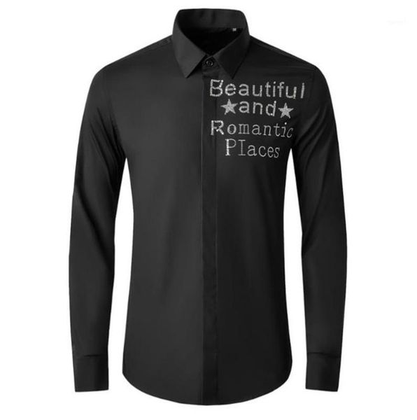 

luxury long sleeve plus size mens single breasted shirts mens designer casual shirts rhinestone letter, White;black