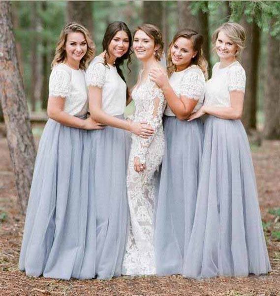 

2018 country two pieces bridesmaid dresses jewel short sleeve lace floor length long beach wedding guest gowns maid of honor dress, White;pink