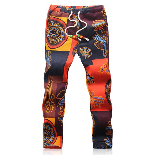 

huapate fashion printed autumn men linen pants casual jogger pants sweatpants, Black