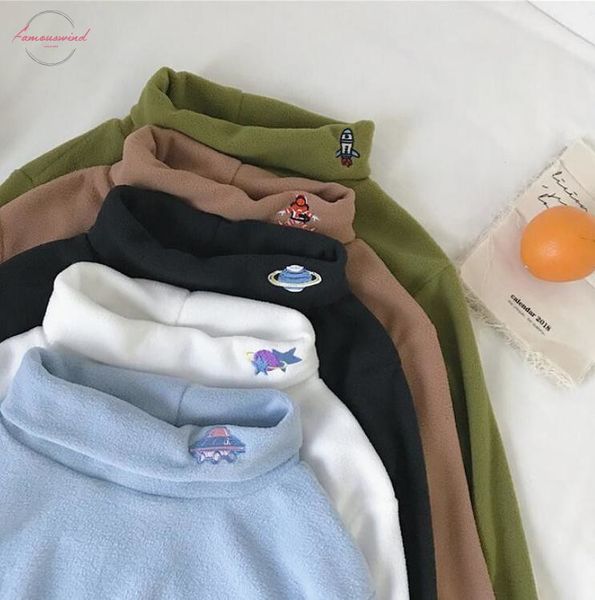 

women t shirts winter new college embroidery half high collar loose long sleeved t shirt drop shipping good quality, White