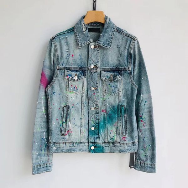 

2 colors mens designer jackets color splash ink paint high street fashion brand hip hop jacket coat long sleeve denim jackets, Black;brown