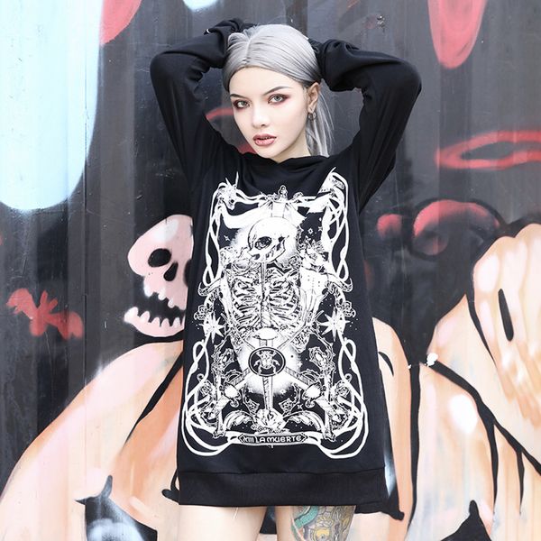 

women gothic sweatshirt hoodies punk loose skull printed long sleeve hooded black sweatshirt casual blouse sudadera mujer