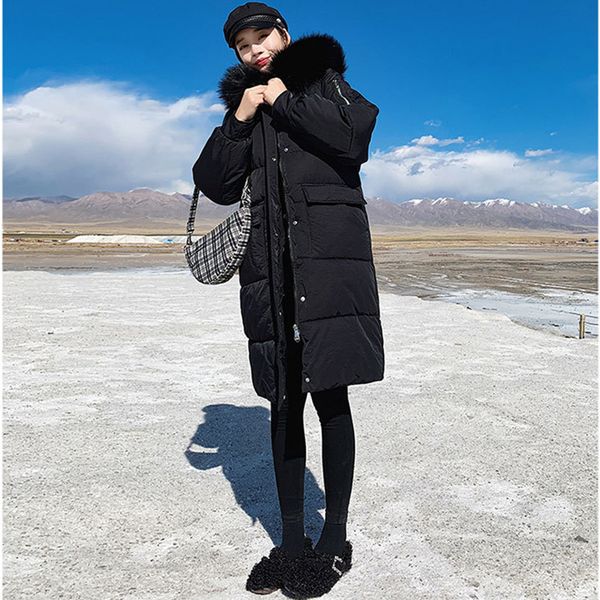 

winter jacket women long parka fur collar hooded casual slim warm woman winter coats and puffer jacket solid outwear long coat, Black