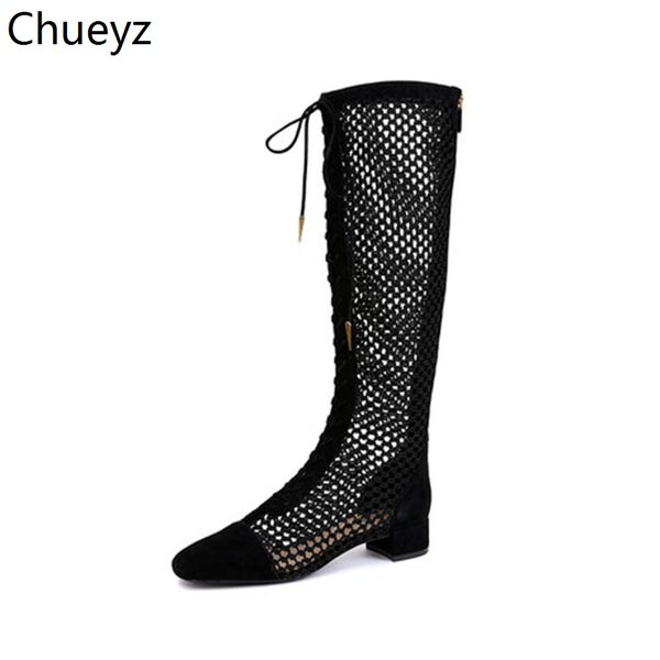 

chueyz hollow out boots women over the knee boots summer shoes fashion transparent mesh stretch genuine leather top, Black
