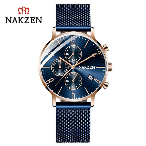 

nakzen brand genuine simple casual men's watch true three eyes six-needle calendar waterproof steel mesh with ss5056g, Slivery;brown