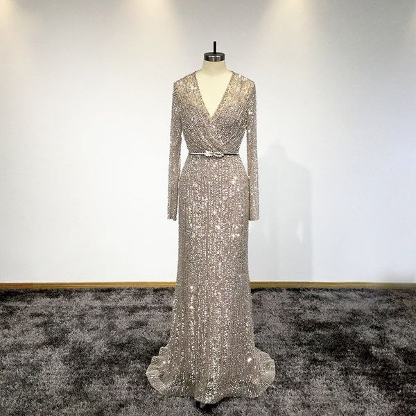 

sparkly vintage long sleeves sequined mermaid prom dress luxury sheath v neck evening gown long beaded formal party pageant dresses, Black