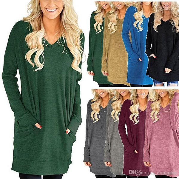 

loose female tees with pockets autumn v neck womens tshirts long sleeve solid color split ladies, White