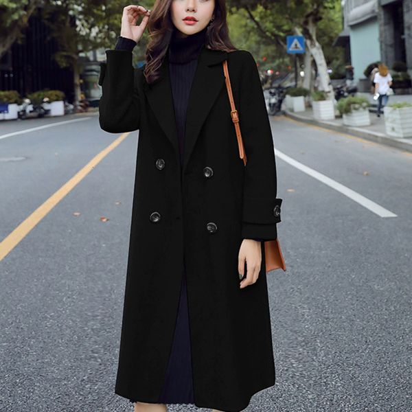 

new 2019 winter coat elegant women wool long coats korean loose blue black white casual turn down collar female overcoat