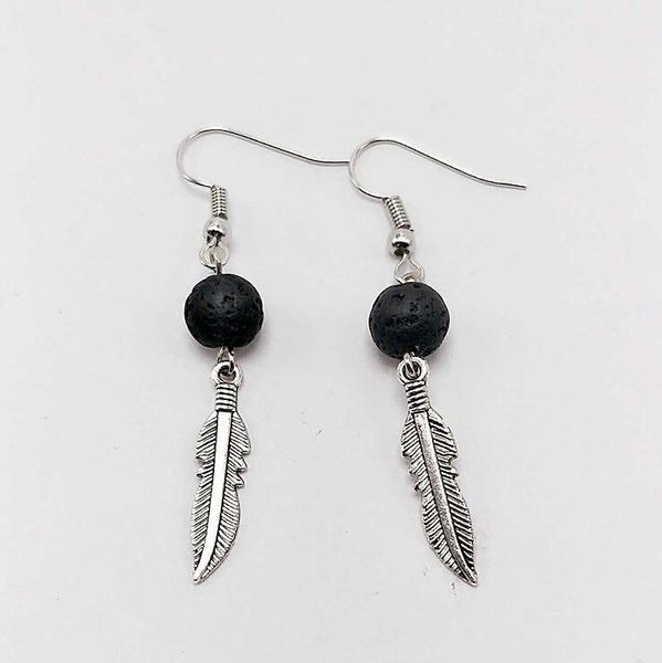

jrl lava-rock feather dangle earrings aromatherapy essential oil diffuser earrings natural black lava pendant earrings k3441, Silver