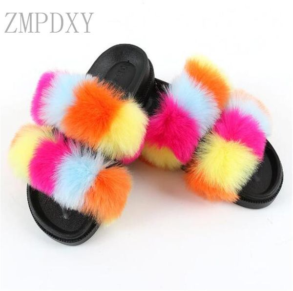 

ladies summer fashion plush slippers colorful faux fur slippers casual flat women cute outdoor furry sandals, Black
