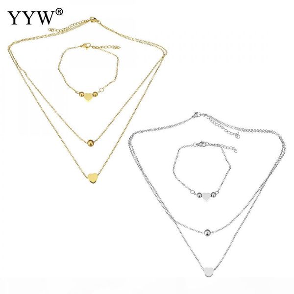 

мода из нержавеющей стали ювелирных изделий наборов ожерелья браслета цепи сердце серебро золото цвет овальных цепи для женщин венчания ювел, Silver