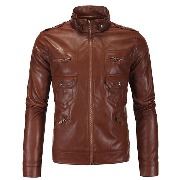 

aowofs new style men's wear europe and america men's leather jacket england stand collar locomotive leather coat foreign trade w, Black