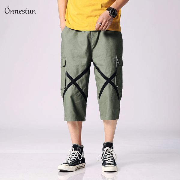 

onnestun japanese style man pants summer cotton cargo pants men plus size solid joggers, Black