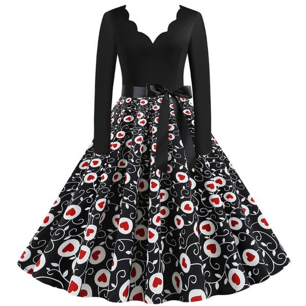 

winter dress women plus size vintage dresses black heart print 50s 60s retro elegant long sleeve christmas dress midi, Black;gray